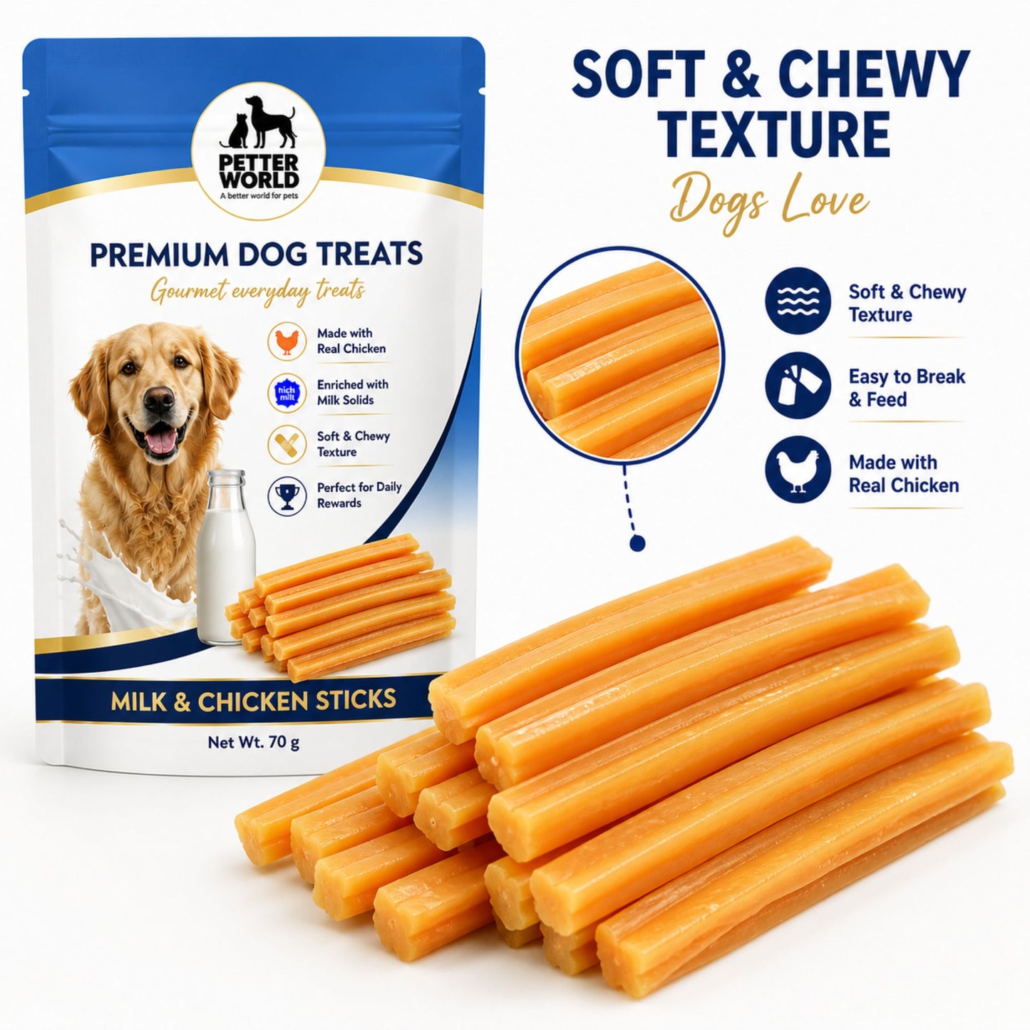 Petter World Milk & Chicken Sticks for Dogs | Soft Gourmet Chicken Dog Treats | 70g