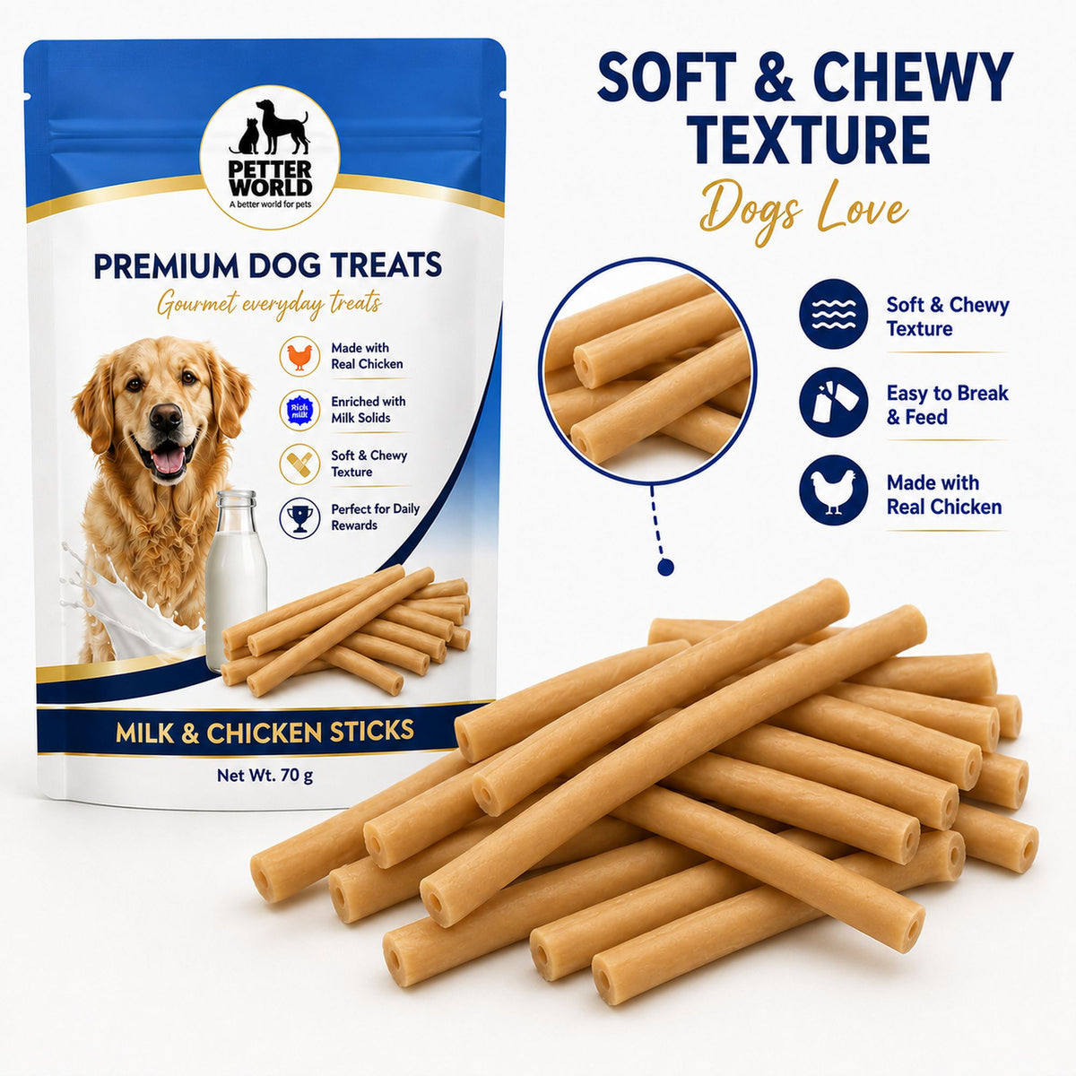 Petter World Milk & Chicken Sticks for Dogs | Soft Gourmet Chicken Dog Treats | 70g