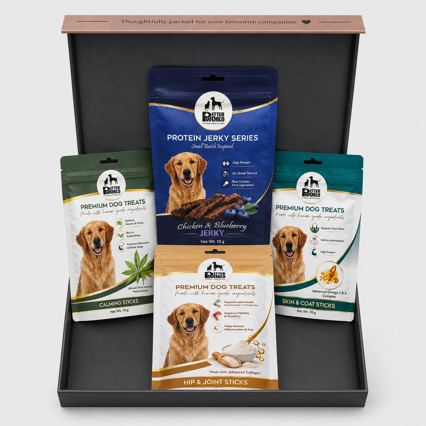 Petter World Treats Gift Pack for Dogs | Magnetic Gift Box | Calming Sticks, Hip & Joint Sticks, Skin & Coat Sticks and Chicken & Blueberry Jerky