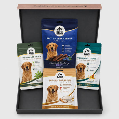 Petter World Treats Gift Pack for Dogs | Magnetic Gift Box | Calming Sticks, Hip & Joint Sticks, Skin & Coat Sticks and Chicken & Blueberry Jerky
