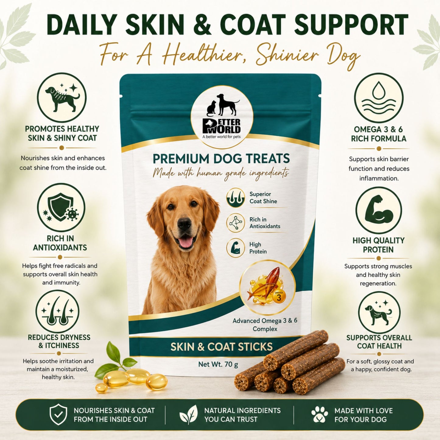 Petter World Skin & Coat Sticks for Dogs with Omega 3 & 6 | Fish Oil Functional Treats | 70g