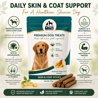 Petter World Skin & Coat Sticks for Dogs with Omega 3 & 6 | Fish Oil Functional Treats | 70g