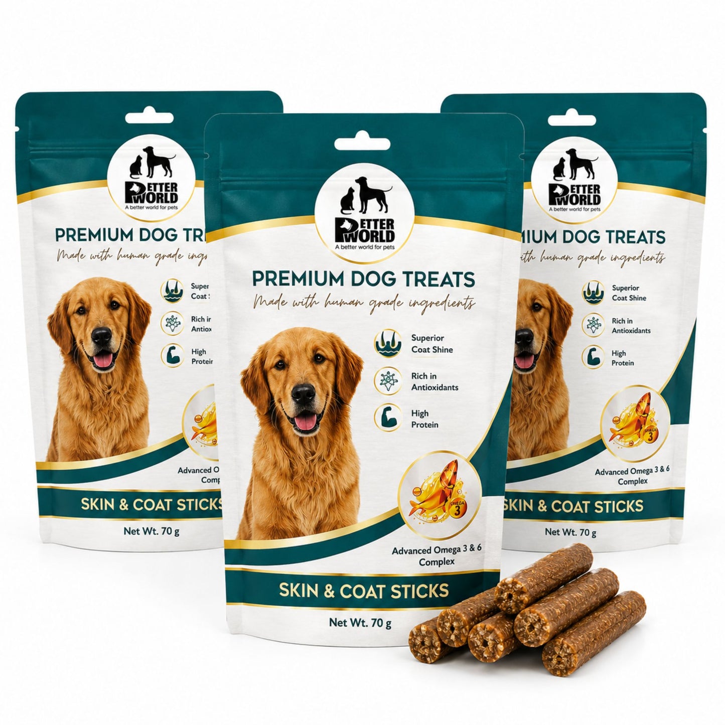Petter World Skin & Coat Sticks for Dogs with Omega 3 & 6 | Fish Oil Functional Treats | 70g