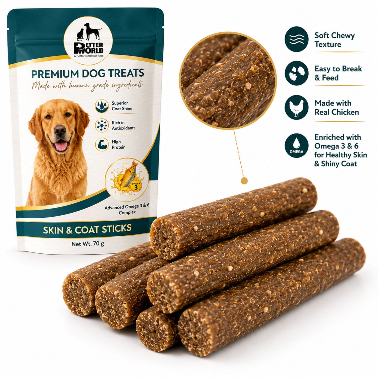 Petter World Skin & Coat Sticks for Dogs with Omega 3 & 6 | Fish Oil Functional Treats | 70g