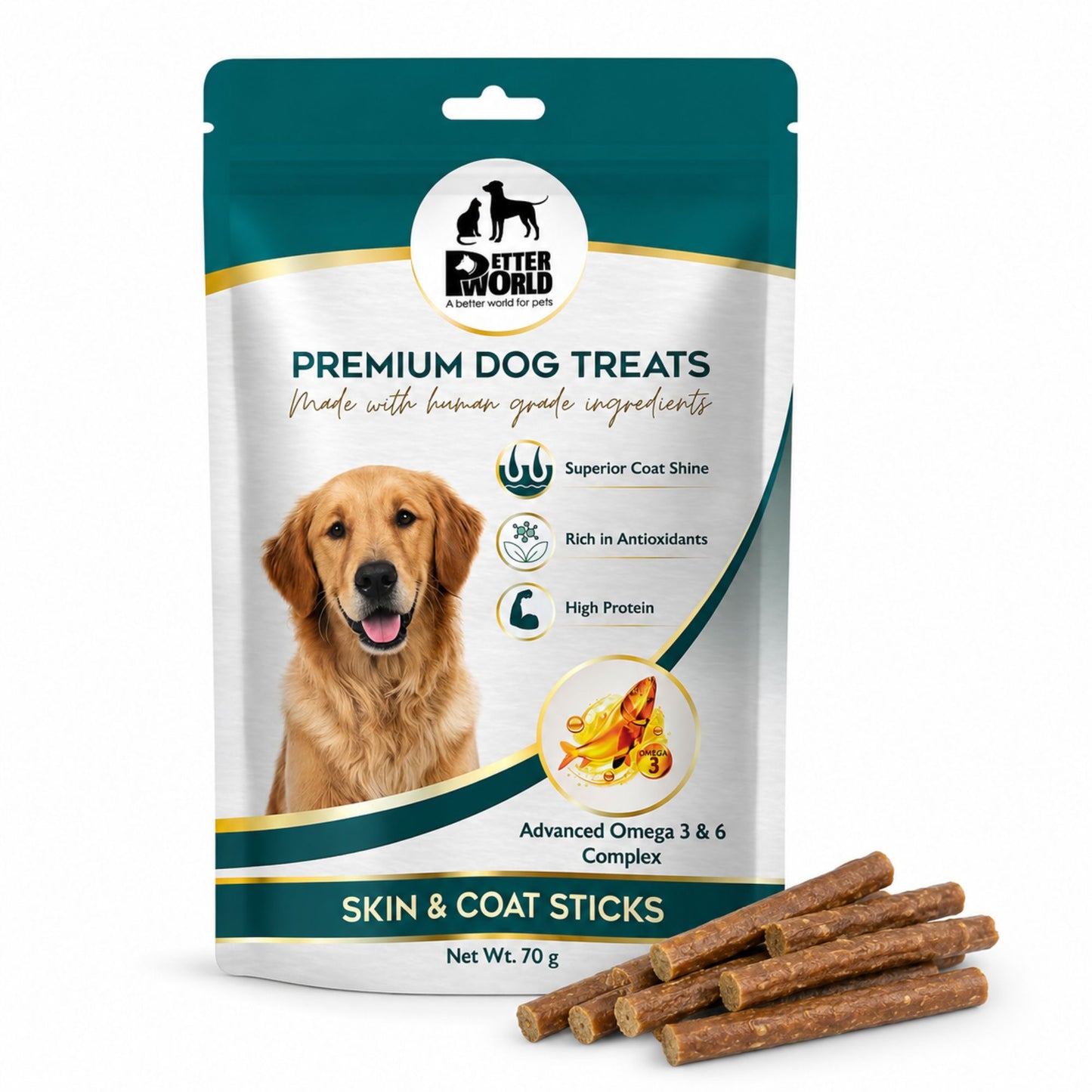 Petter World Skin & Coat Sticks for Dogs with Omega 3 & 6 | Fish Oil Functional Treats | 70g