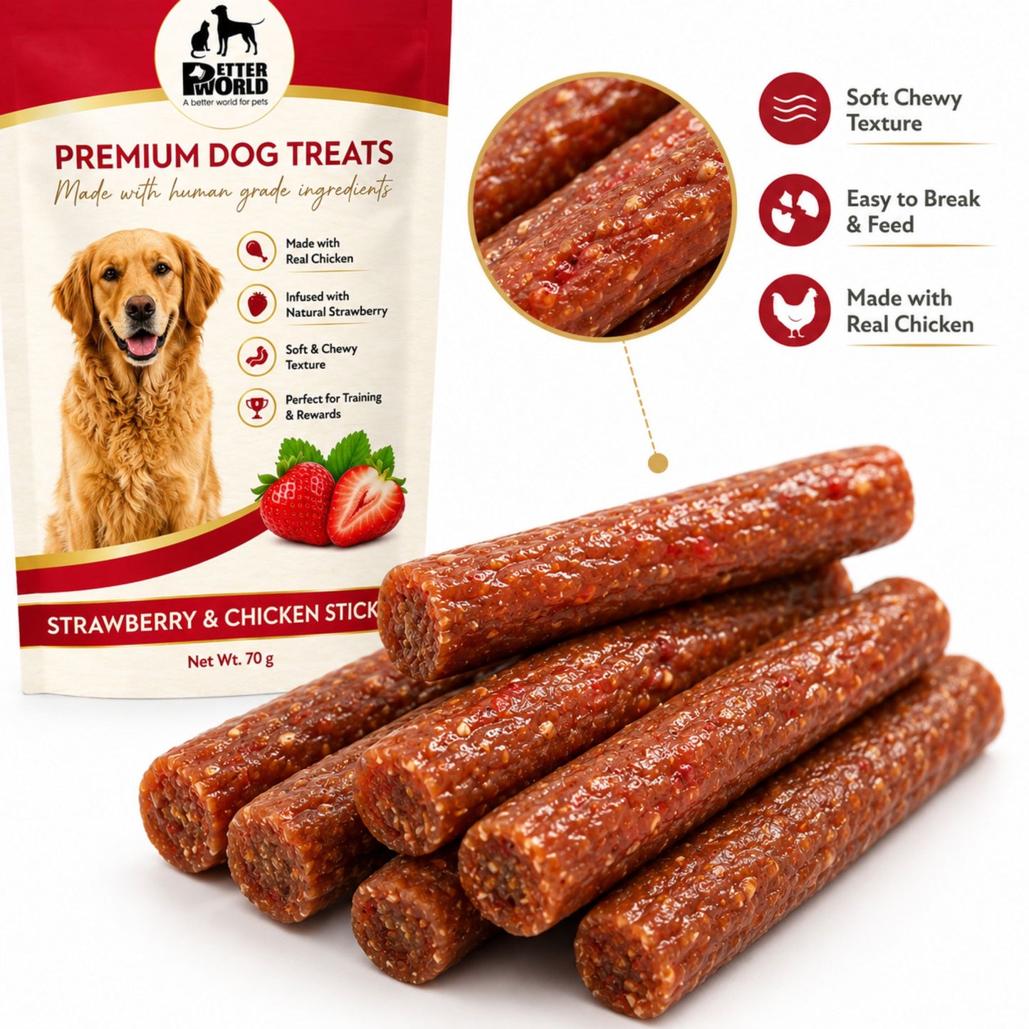 Petter World Strawberry & Chicken Sticks for Dogs | Gourmet Soft Dog Treats | 70g
