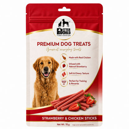 Petter World Strawberry & Chicken Sticks for Dogs | Gourmet Soft Dog Treats | 70g