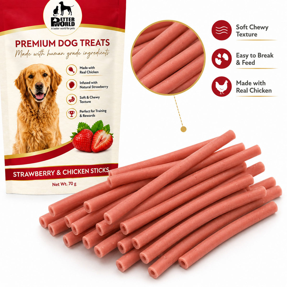 Petter World Strawberry & Chicken Sticks for Dogs | Gourmet Soft Dog Treats | 70g