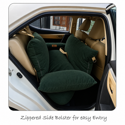 Dark green zippered side bolster dog car travel bed installed in the rear of a beige car, shown through the open door with the text 'Zippered Side Bolster for easy Entry' below.