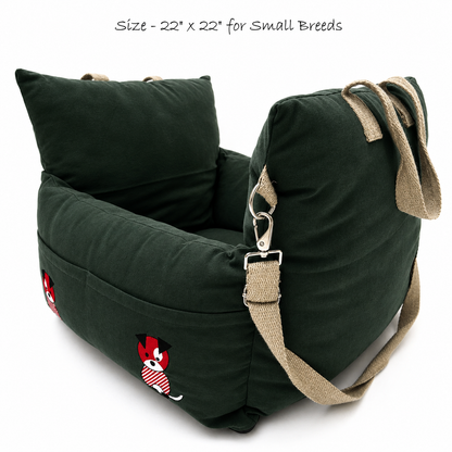 A dark olive green pet travel bed with beige webbed straps and a small red-and-white dog graphic on the front, shown on a white background with text at the top reading 'Size - 22" x 22" for Small Breeds'.