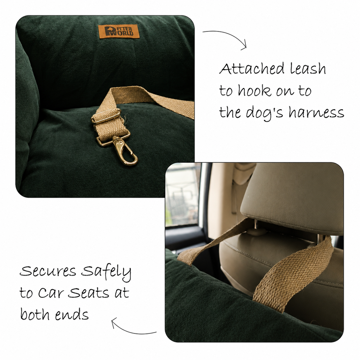 Olive green dog car seat with tan leash strap, shown in two inset photos with handwritten text explaining how the leash attaches to a dog's harness and how it secures to car seats.