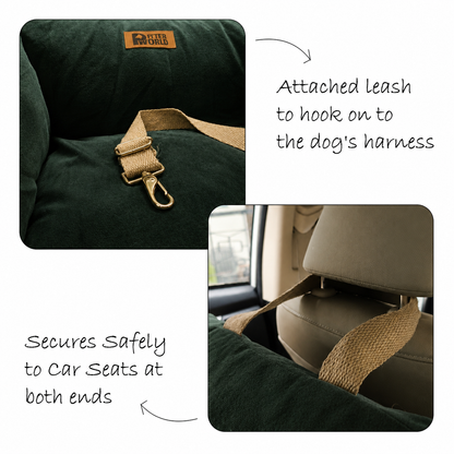 Olive green dog car seat with tan leash strap, shown in two inset photos with handwritten text explaining how the leash attaches to a dog's harness and how it secures to car seats.