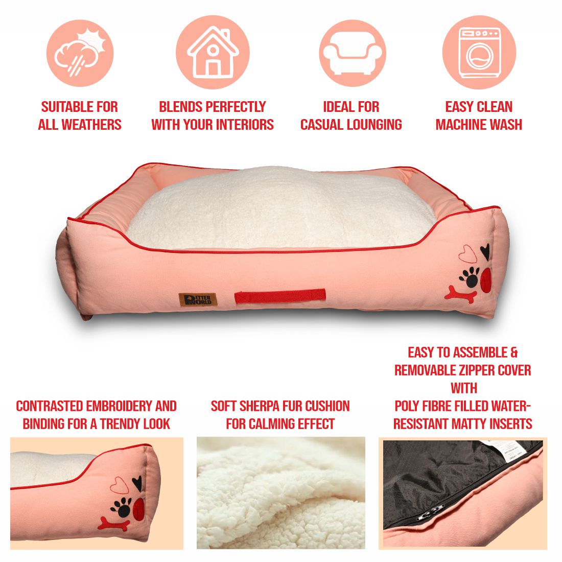 Luxury Peach Pearl Lounger Bed with Removable Cushion
